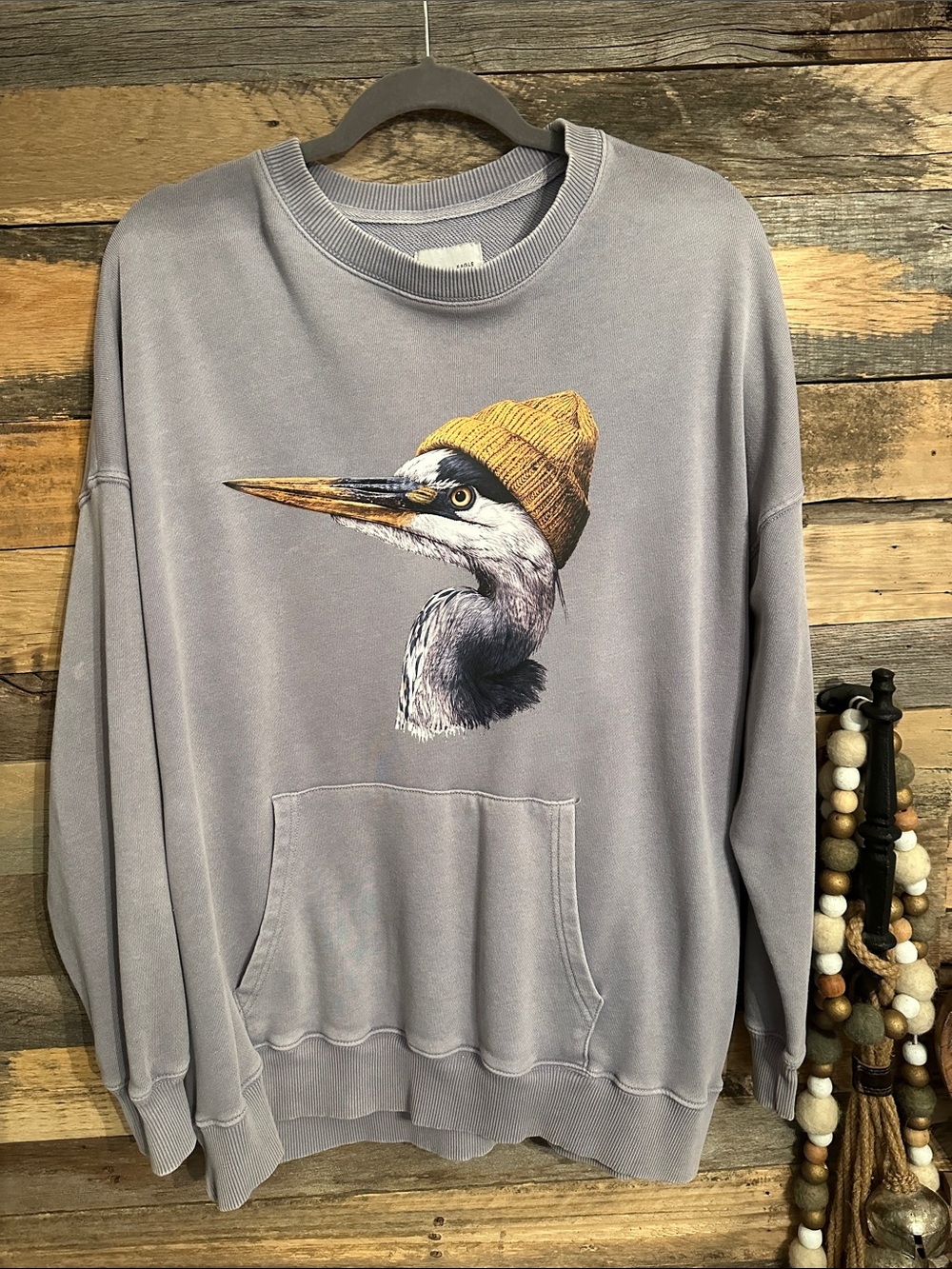 Gray Crewneck Sweatshirt with Heron Graphic and Mustard Beanie Detail